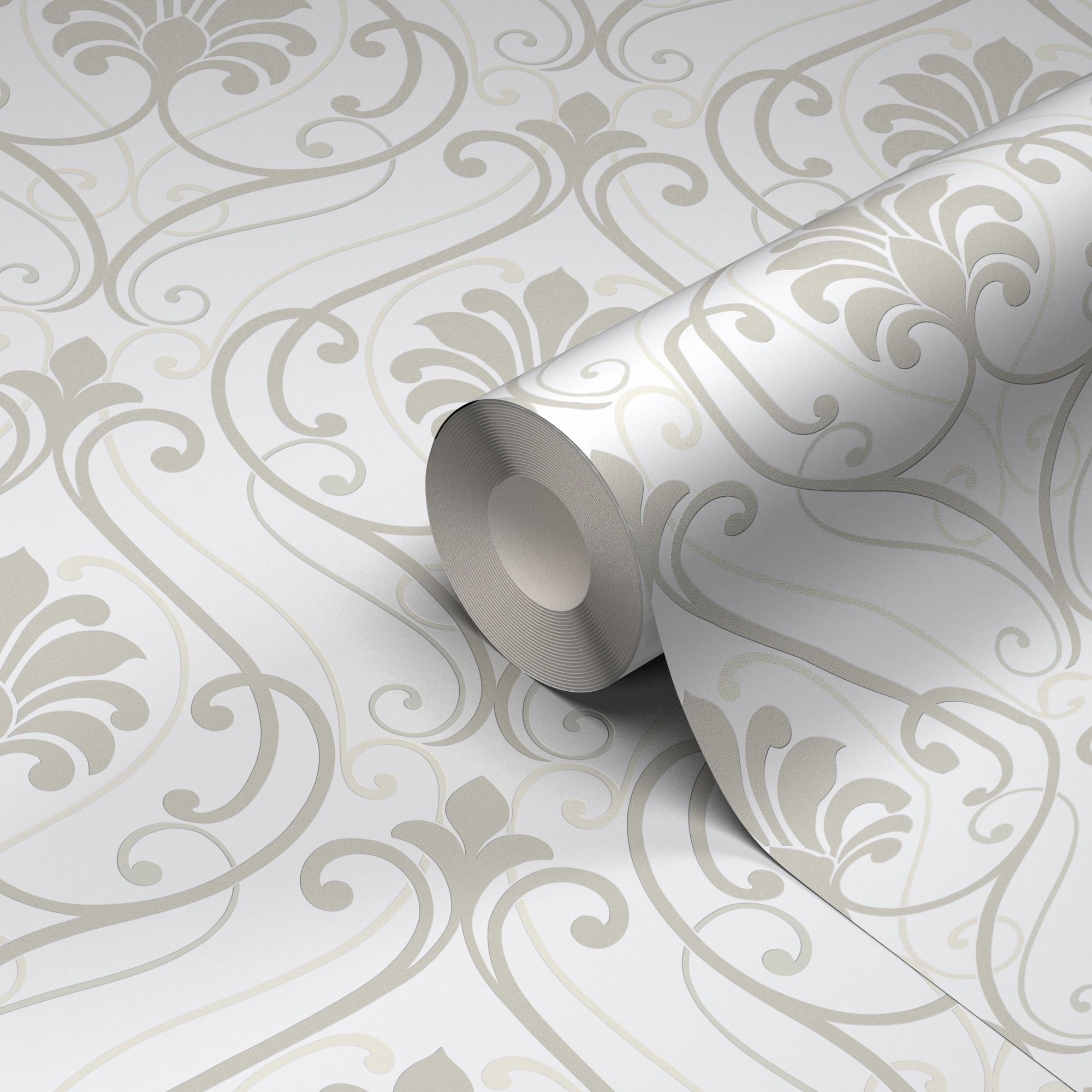 Blain Taupe & white Glitter & mica effect Damask Textured Wallpaper