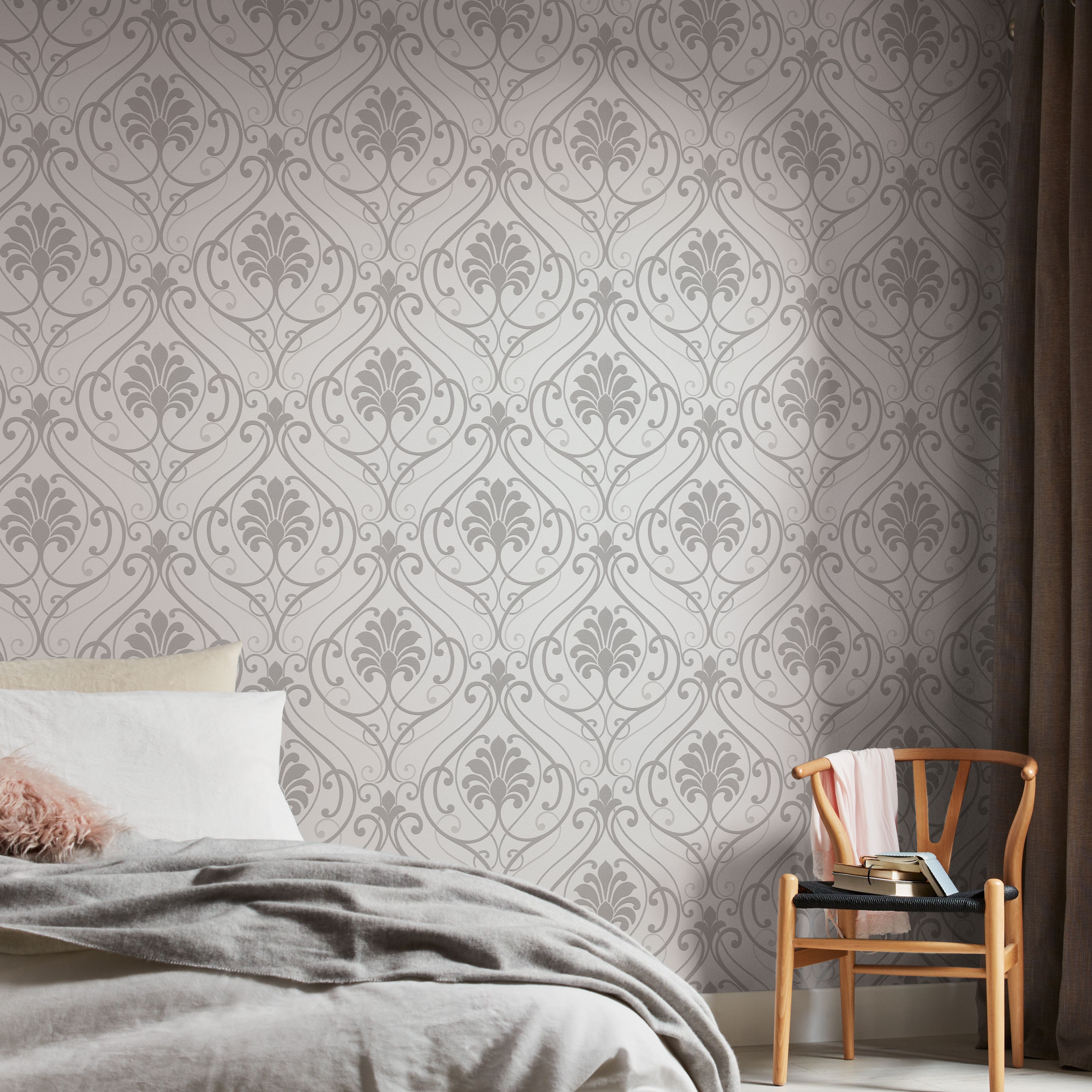 Blain Taupe & white Glitter & mica effect Damask Textured Wallpaper