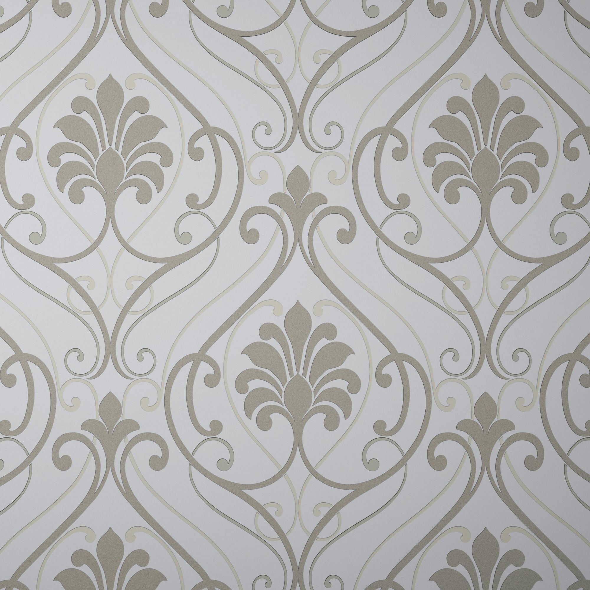 Blain Taupe & white Glitter & mica effect Damask Textured Wallpaper
