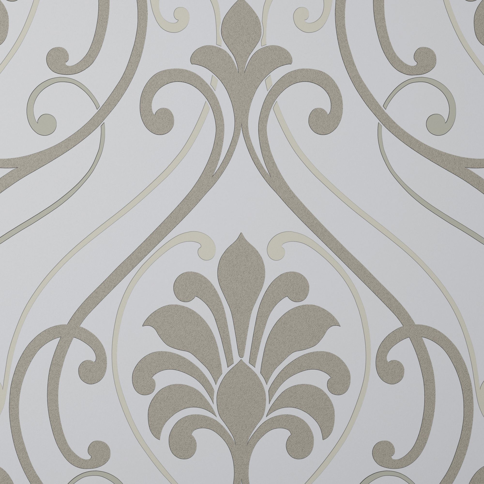 Blain Taupe & white Glitter & mica effect Damask Textured Wallpaper
