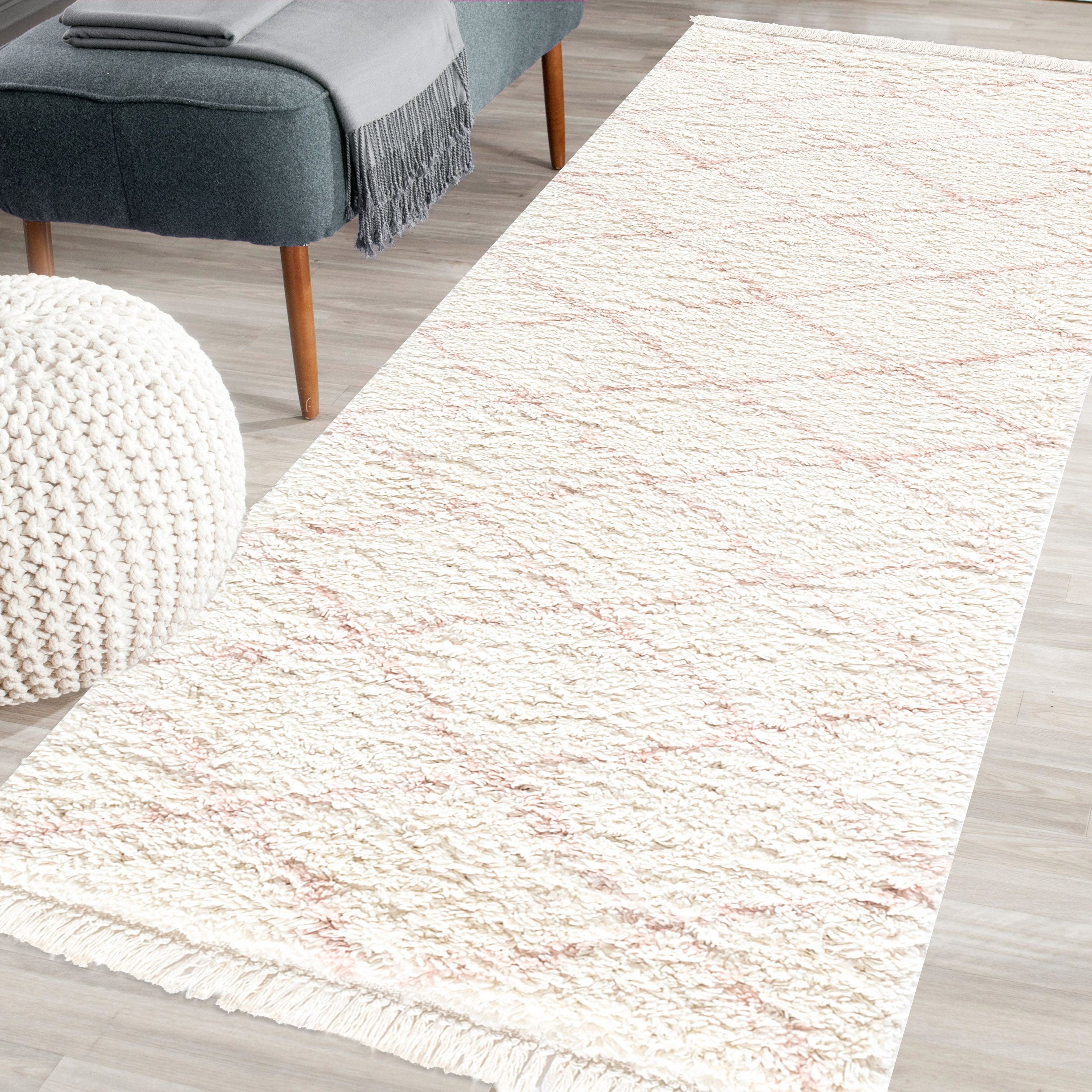 Blake Cream & rose Shaggy berber Large Runner, (L)200cm x (W)80cm