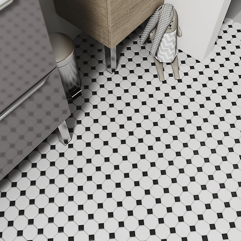 Black White Ceramic Mosaic Tile Sheet, White Mosaic Floor Tiles Bathroom