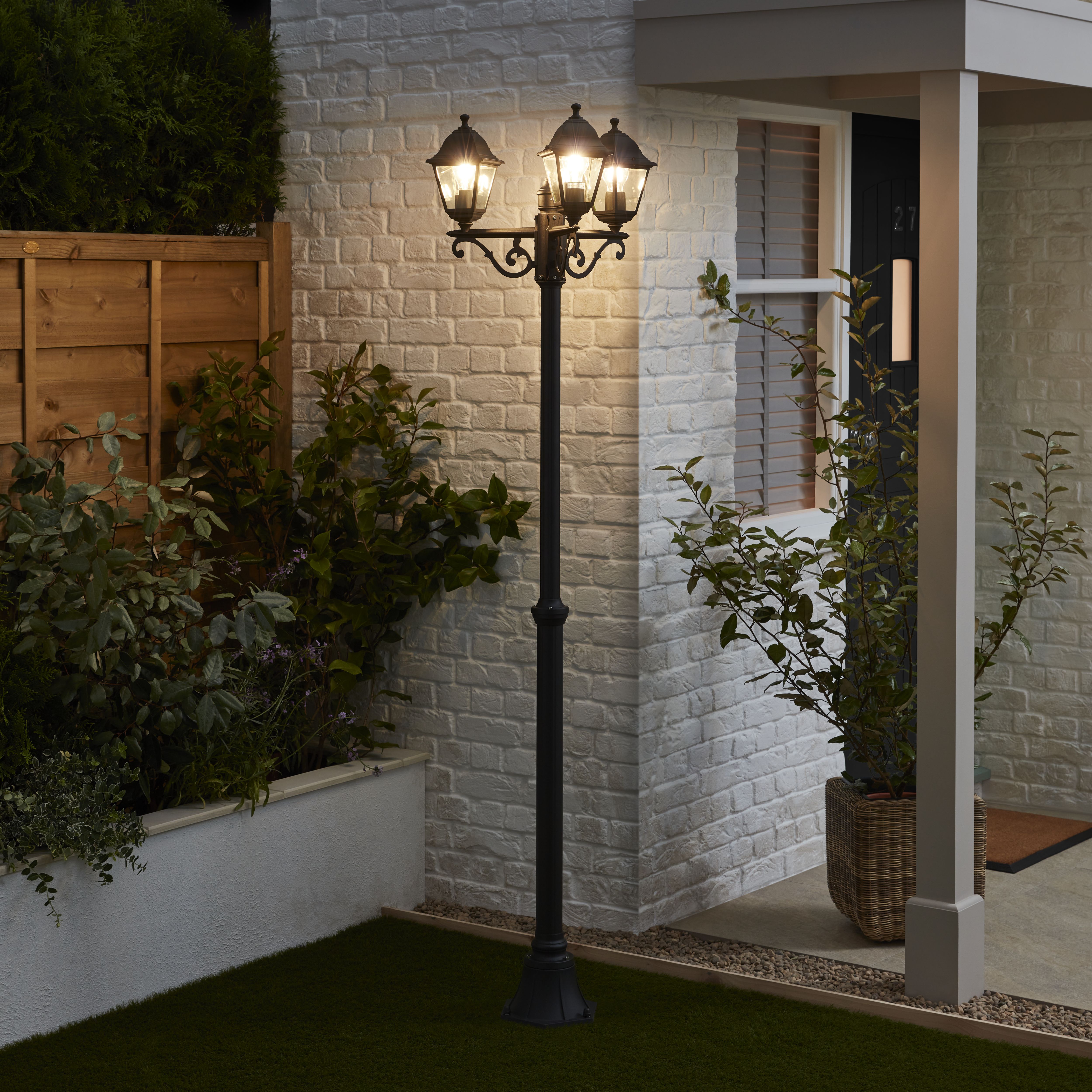 Blooma Varennes Black Mains-powered 3 lamp Halogen 4 faces Post lantern (H)2080mm