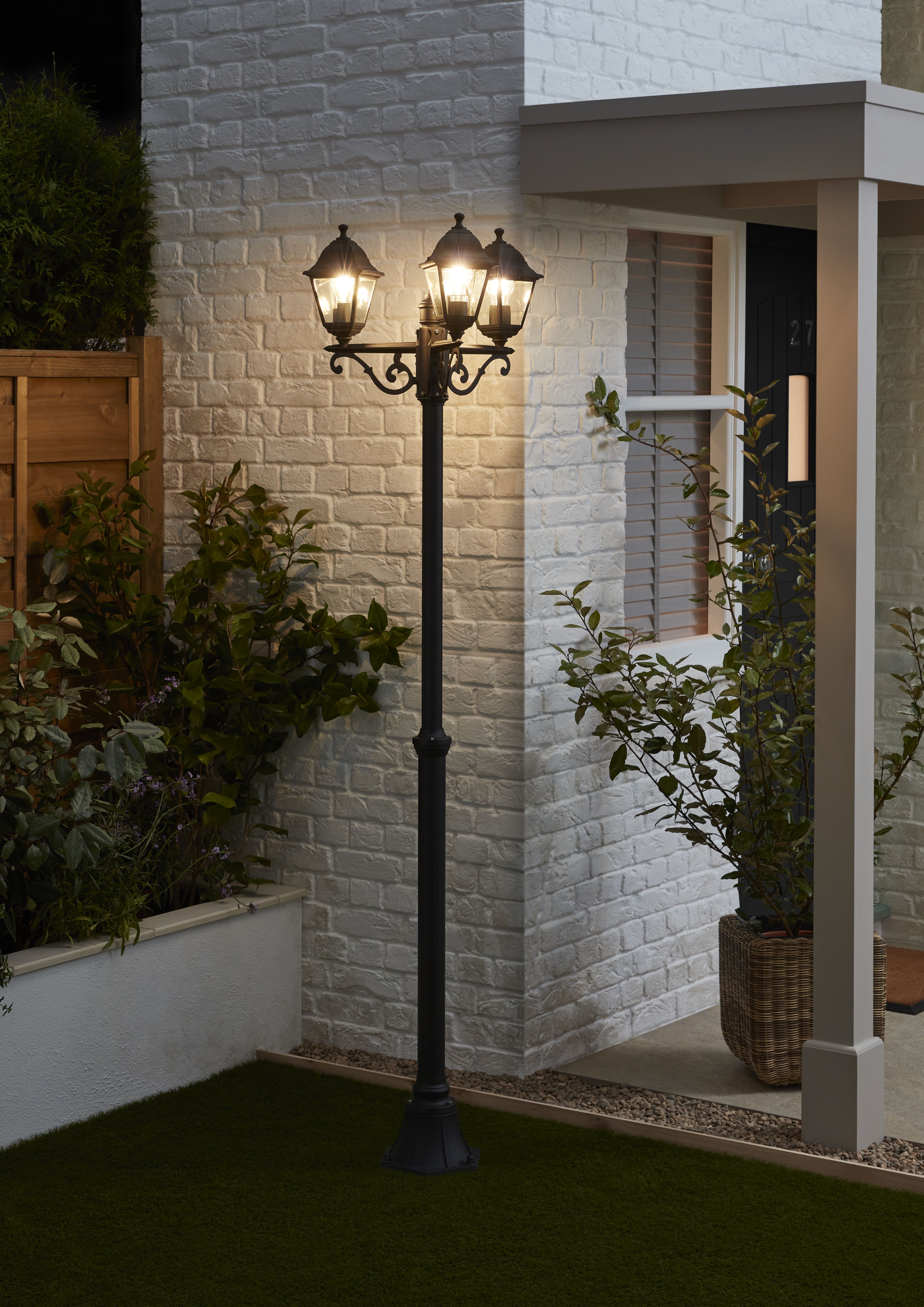 Blooma Varennes Black Mains-powered 3 lamp Halogen 4 faces Post lantern (H)2080mm