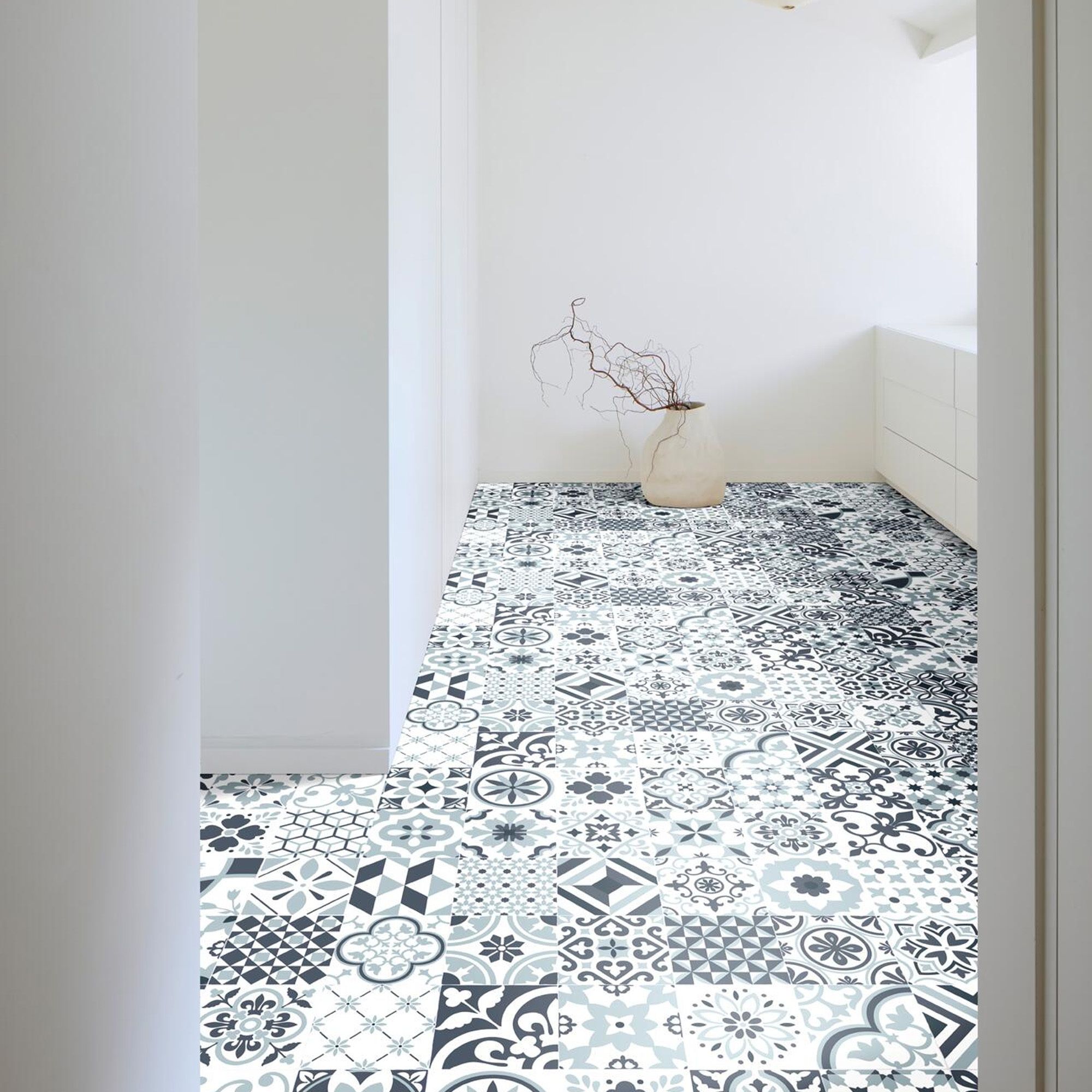 Blue, Black & Grey Monochrome Tile effect Sheet vinyl flooring, 6m²