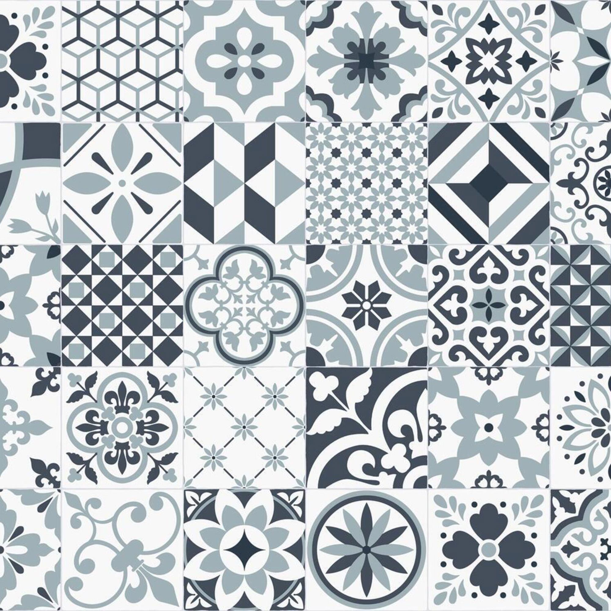 Blue, Black & Grey Monochrome Tile effect Sheet vinyl flooring, 6m²