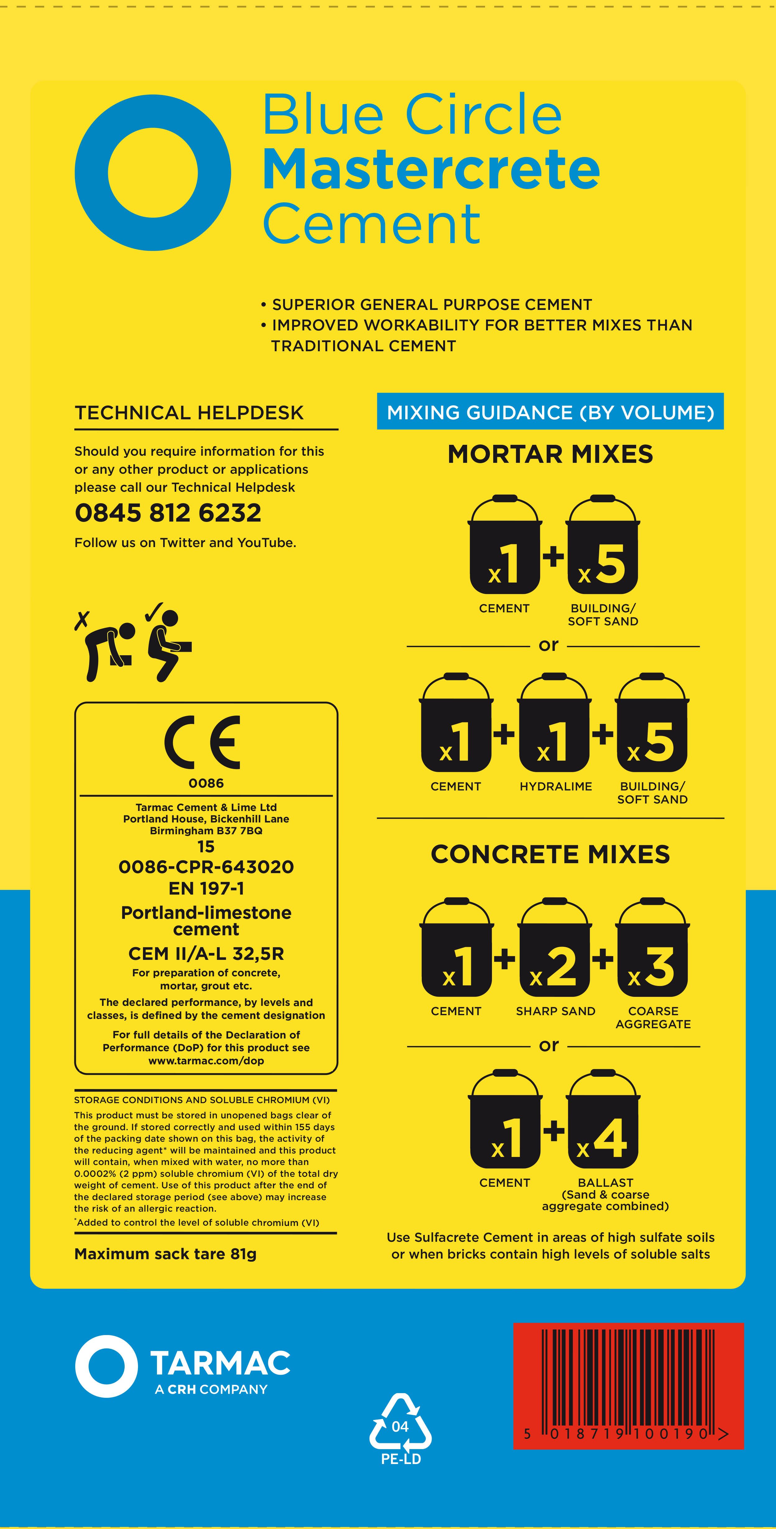 Blue Circle Mastercrete Grey Cement, 25kg Bag