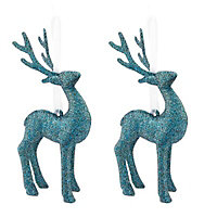 Blue Glitter effect Plastic Reindeer Decoration, Pack of 2