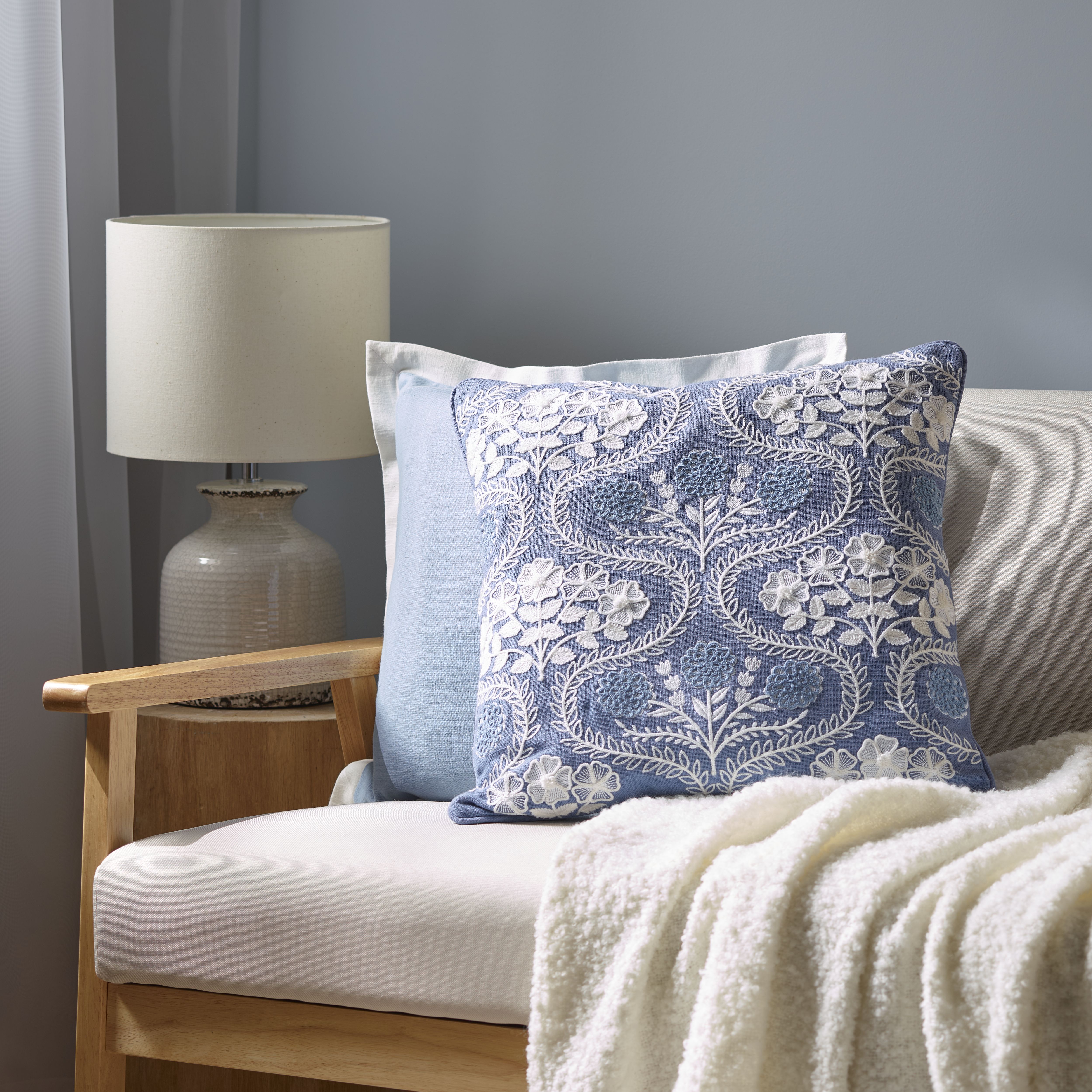 Blue & White Moroccan Embroidered effect Indoor Cushion, (L)45cm x (W)45cm