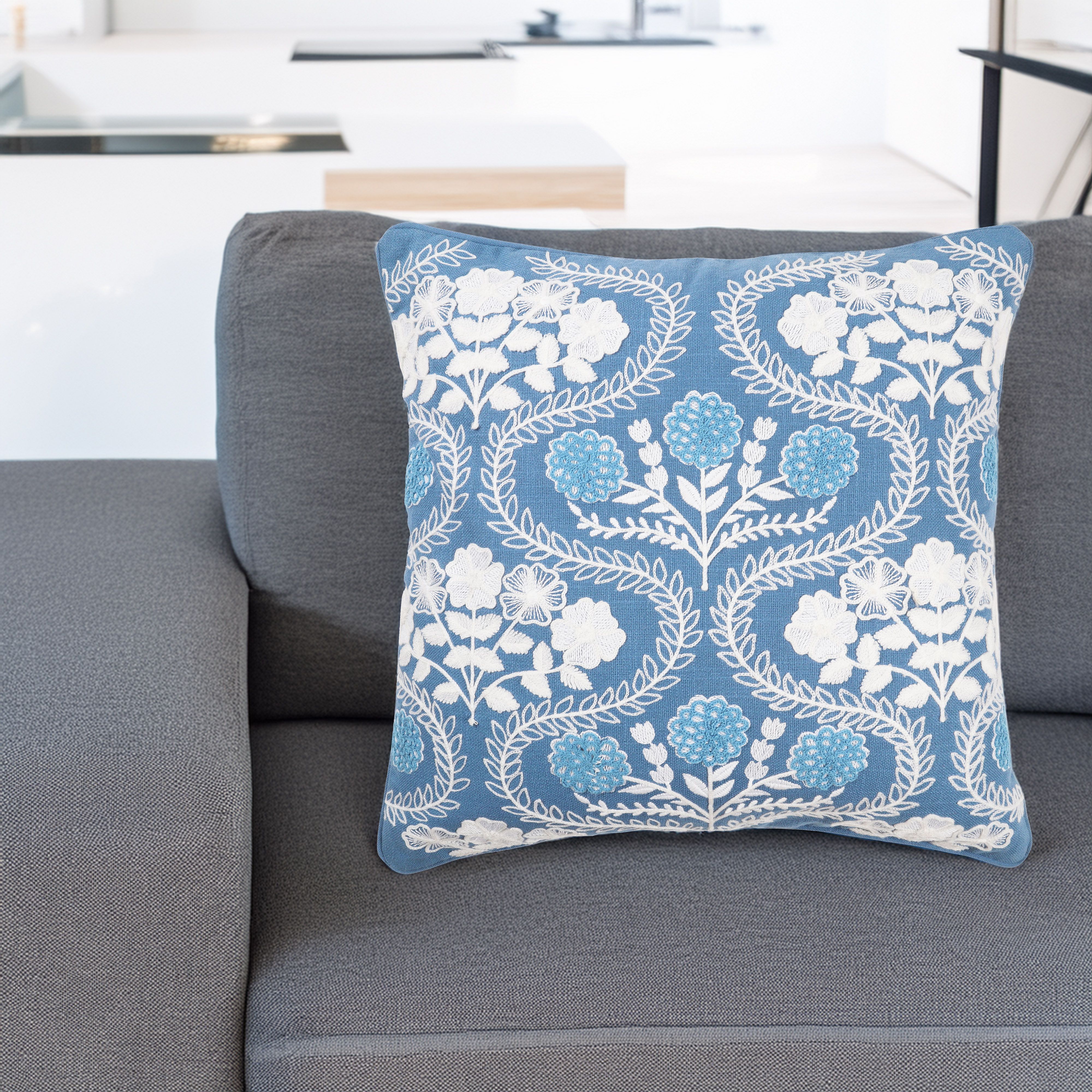 Blue & White Moroccan Embroidered effect Indoor Cushion, (L)45cm x (W)45cm