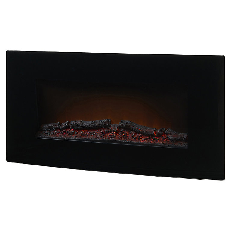 TruFlame 1.8kW Black Curved Glass Screen Wall Mounted Fireplace with Pebbles 