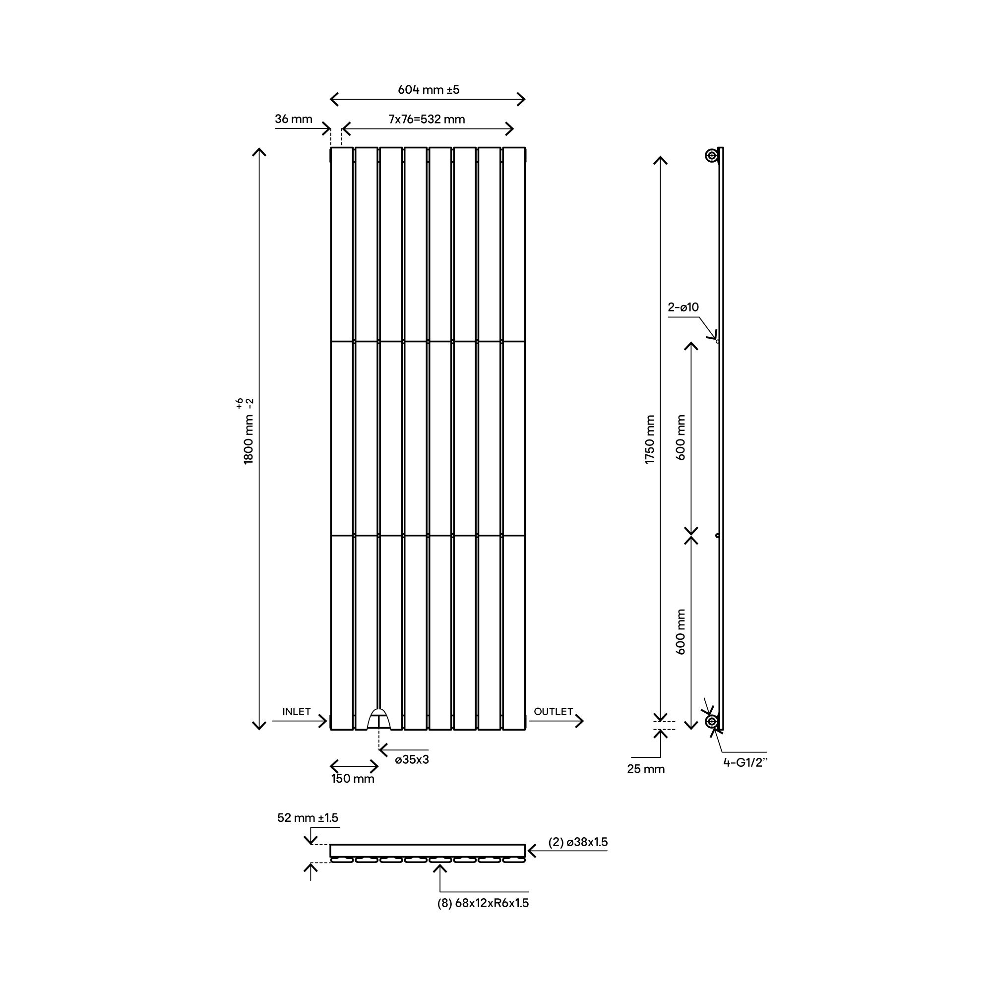 Blyss Faringdon 20161896 Anthracite Vertical Designer 3468BTU Radiator, (W)604mm x (H)1800mm