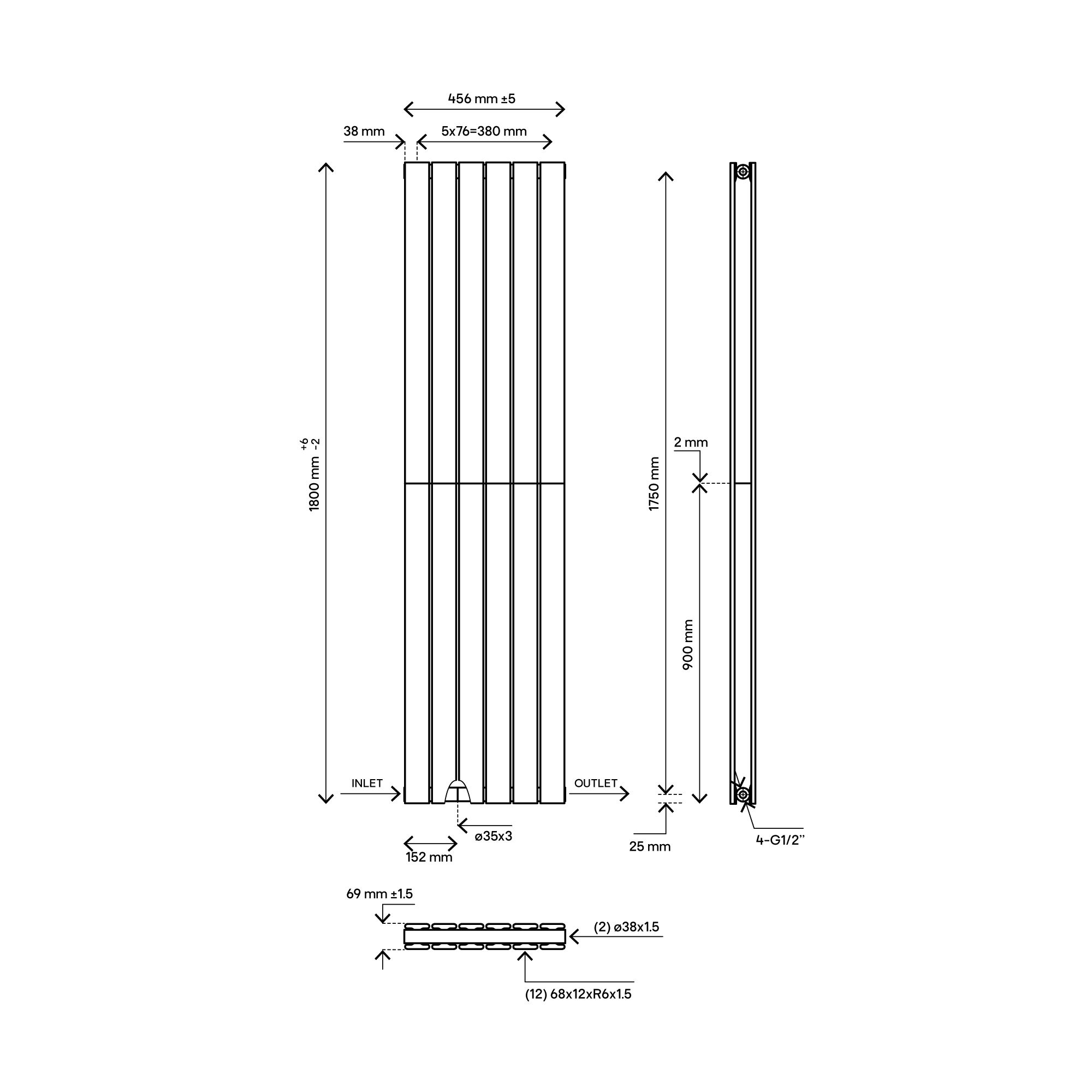 Blyss Faringdon 20161897 White Vertical Designer 4730BTU Radiator, (W)456mm x (H)1800mm