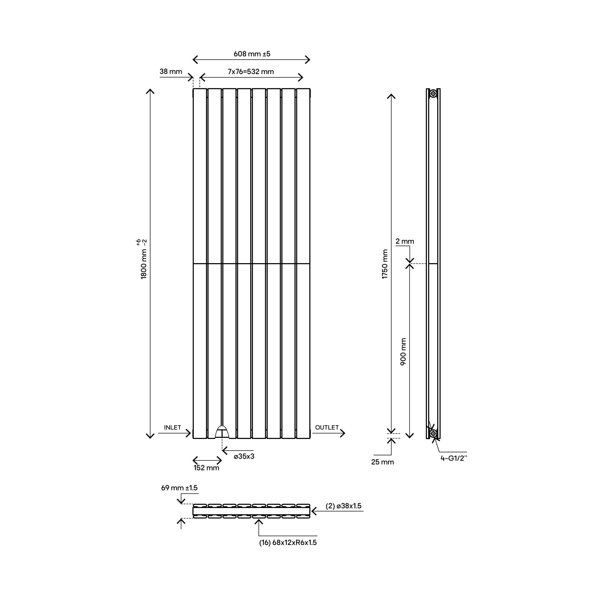 Blyss Faringdon 20161898 White Vertical Designer 6298BTU Radiator, (W)608mm x (H)1800mm