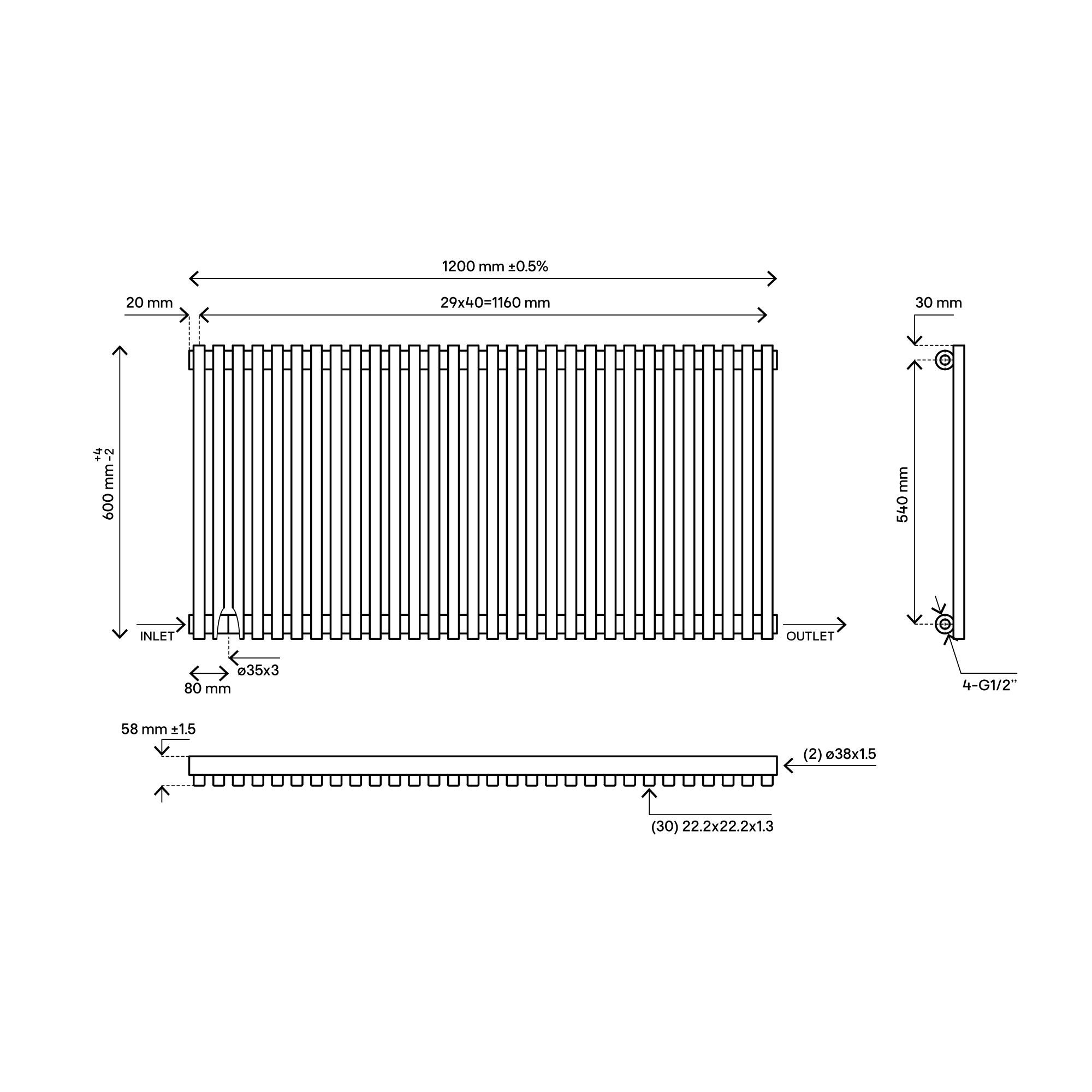 Blyss Thorpe 20161950 White Horizontal Designer 3550BTU Radiator, (W)1200mm x (H)600mm