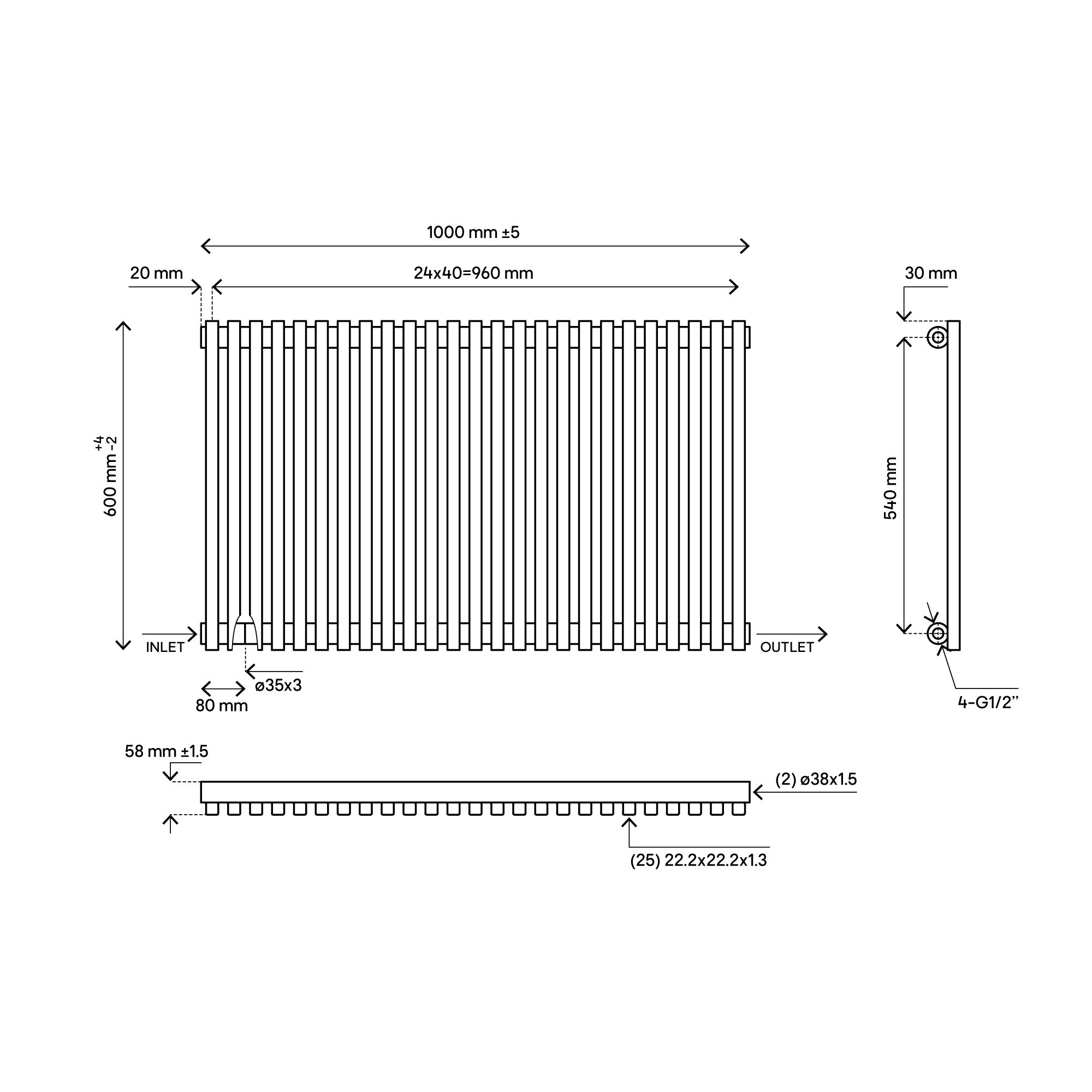 Blyss Thorpe 20161953 Grey Horizontal Designer Radiator, (W)1000mm x (H)600mm
