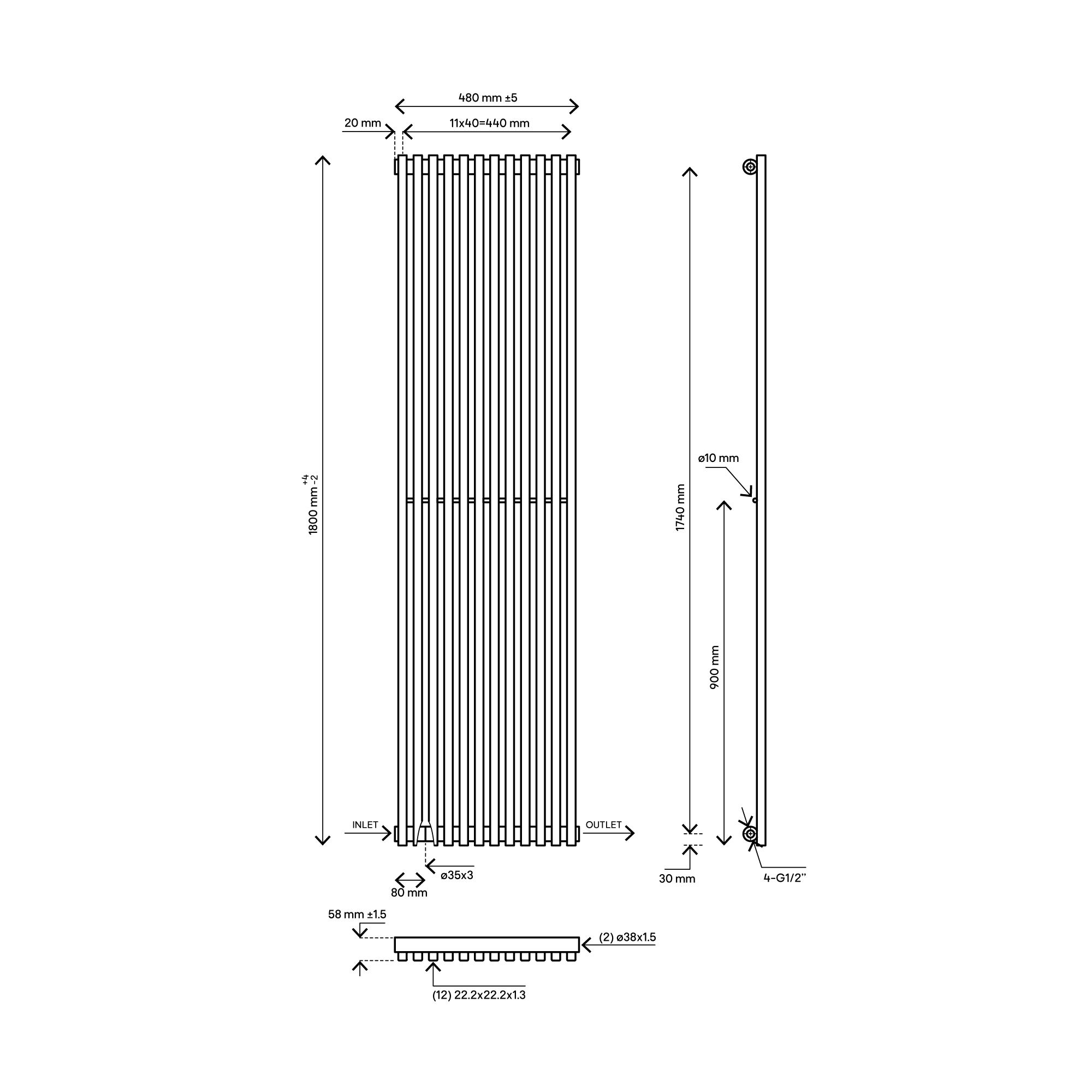 Blyss Thorpe Anthracite Vertical Designer Radiator, (W)480mm x (H)1800mm