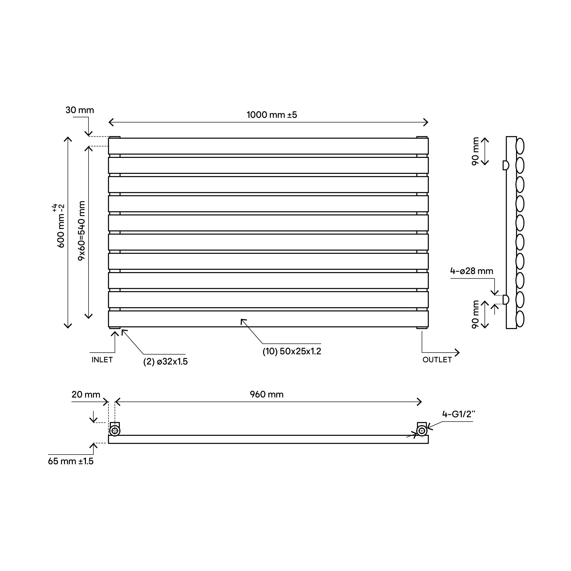 Blyss Wickham 20161929 White Horizontal Designer 2189BTU Radiator, (W)1000mm x (H)600mm
