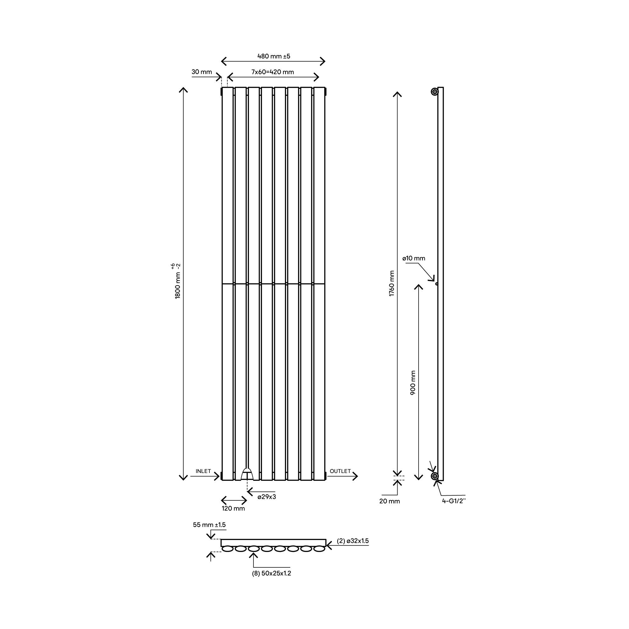 Blyss Wickham 20161931 White Vertical Designer 3339BTU Radiator, (W)480mm x (H)1800mm