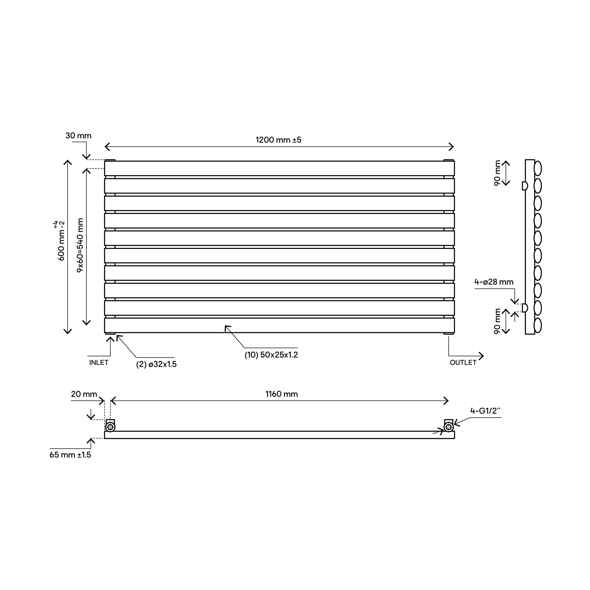 Blyss Wickham White Horizontal Designer Radiator, (W)1200mm x (H)600mm