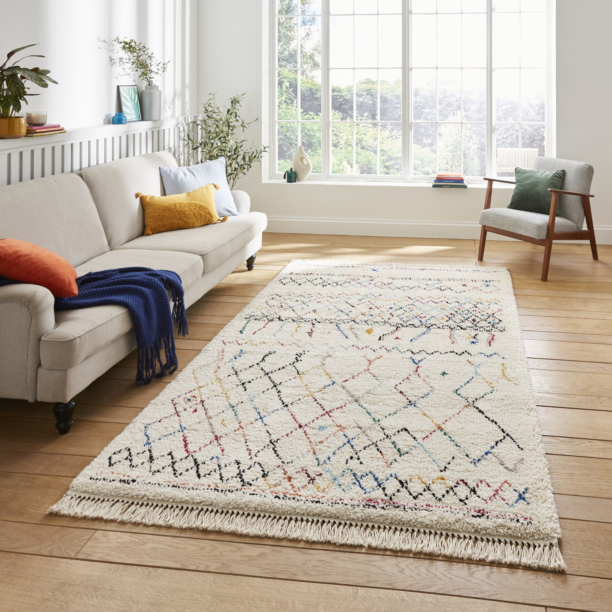 Boho Multicoloured Geometric Medium Rug, (L)170cm x (W)120cm