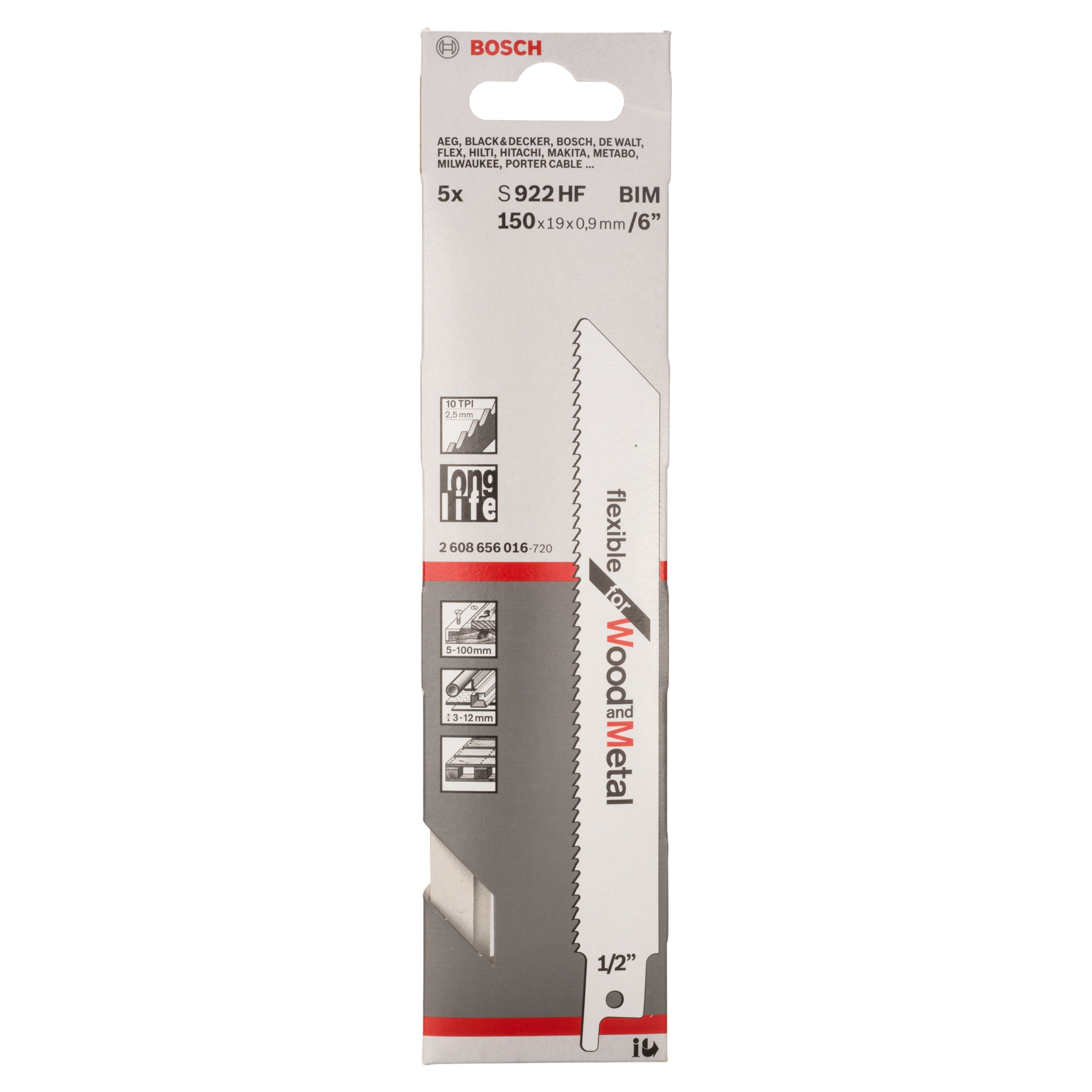 Bosch flexible for wood & metal 215mm T-shank Reciprocating saw blade - S922HF, Pack of 5