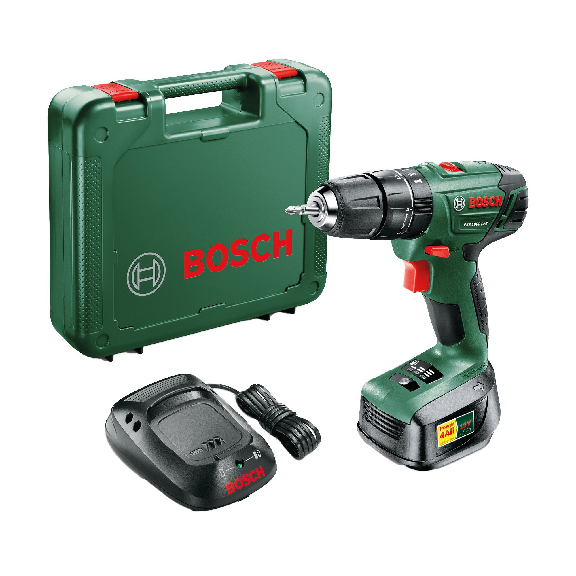 Bosch Power 4 all 18V 1.5Ah Liion Cordless Combi drill 1 battery PSB 1800 Li2 DIY at B&Q