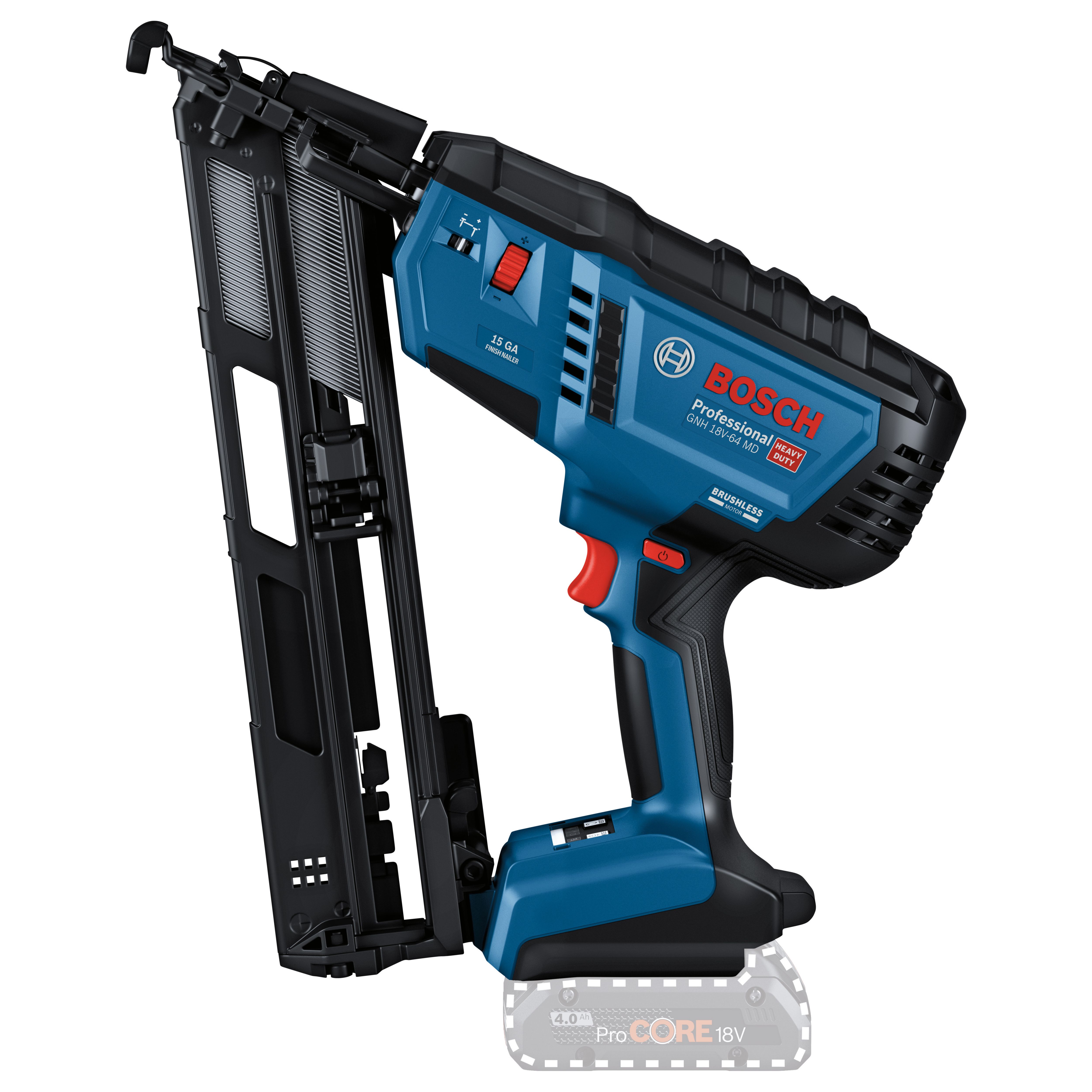 Bosch Professional 18V System accuhouttacker GNH 18V-64-2 (enkelschotsmodus, geschikt voor spijkers: 32-64 mm, 16 ga (1,6 mm) en collatiehoek van 20°, zonder accu's, in L-BOXX