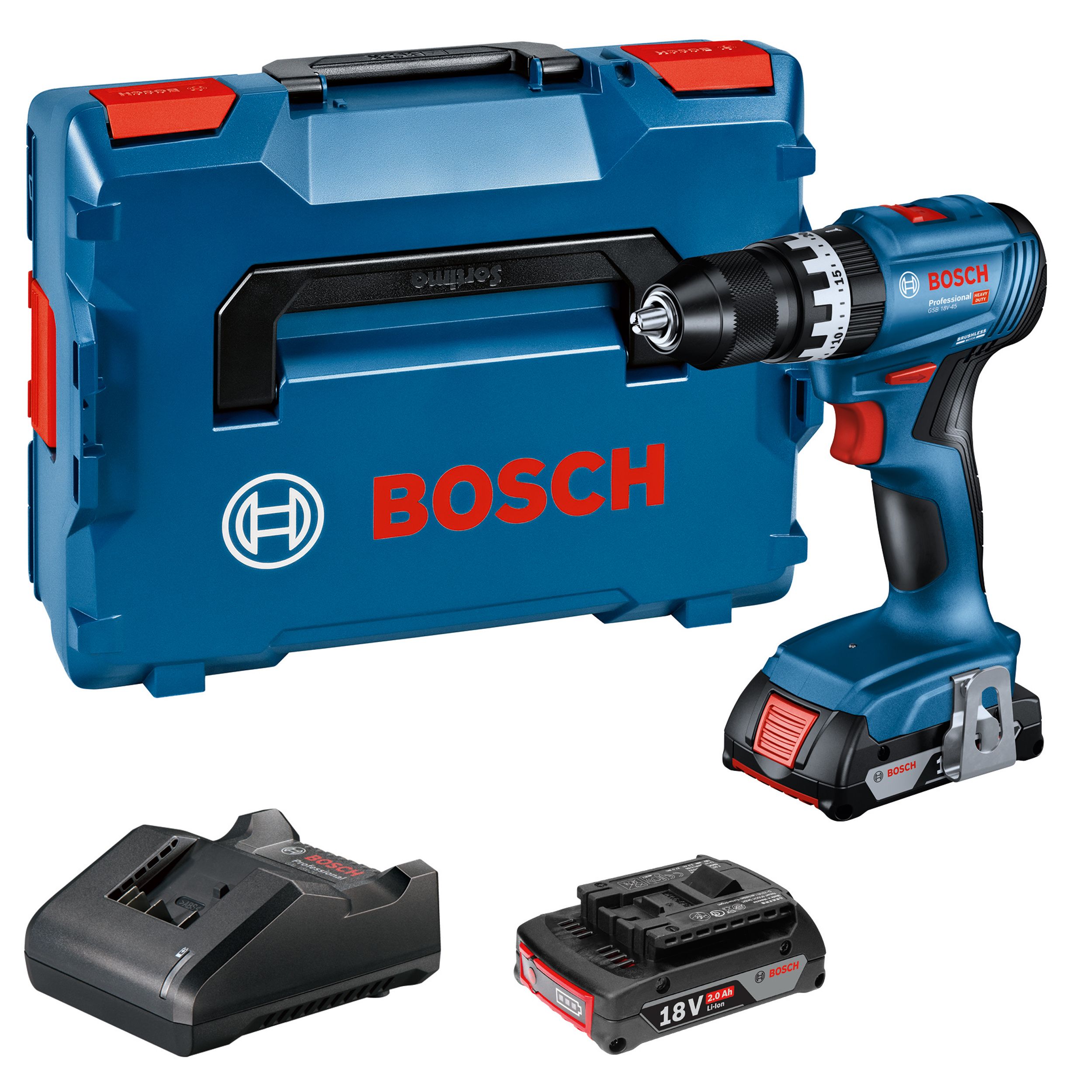 Bosch Professional 18V Li ion Brushless Cordless Combi drill 2 x 2Ah GSB 18V 45 DIY at B Q