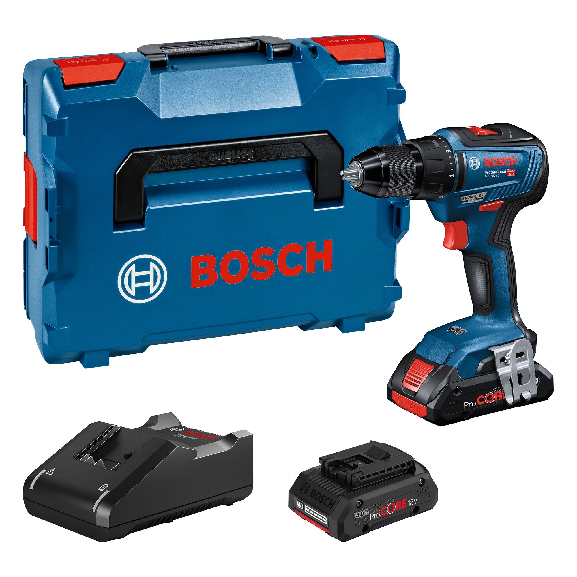 Bosch Professional 18V Li-ion Brushless Cordless Combi drill (2 x 4Ah) - GSB 18V-55