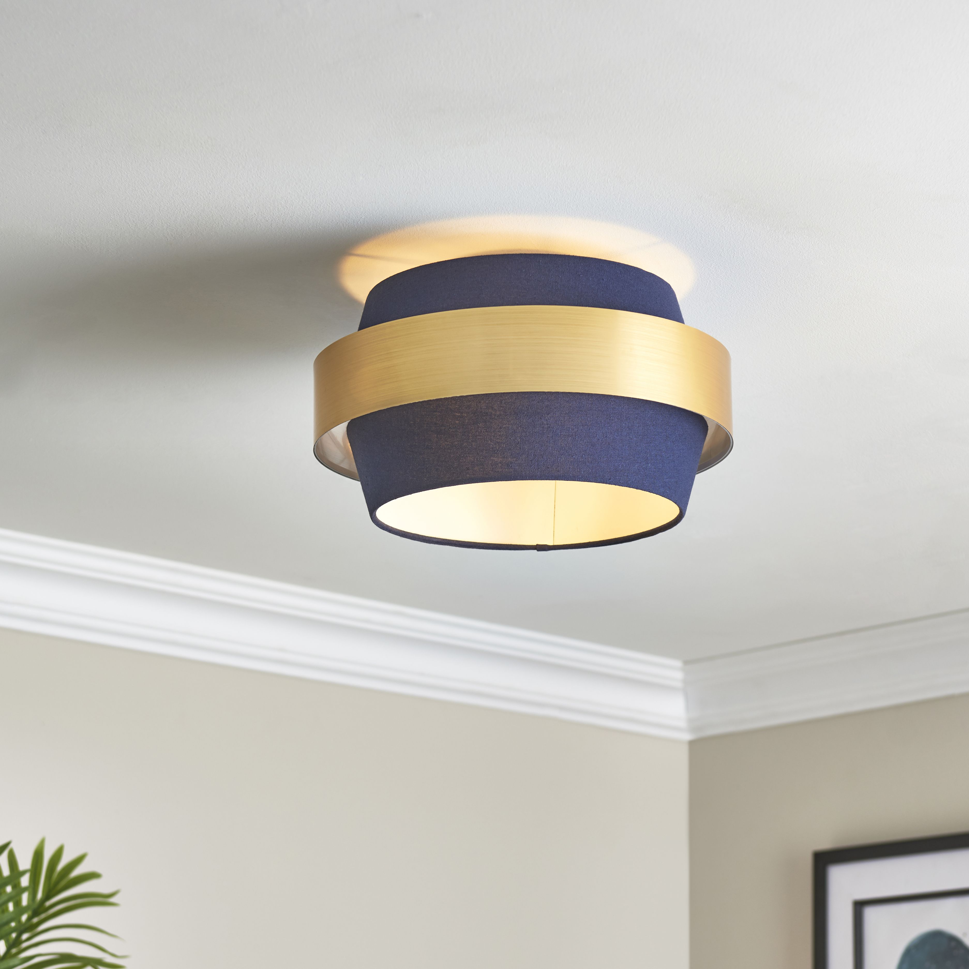 Boston Brushed Fabric & metal Blue Brass effect LED Ceiling light