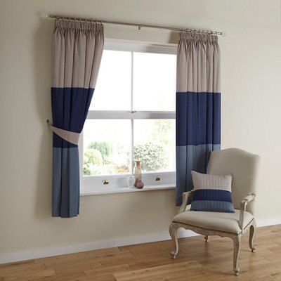 Boston Cream light blue navy blue Lined Curtains W 168cm L 183cm