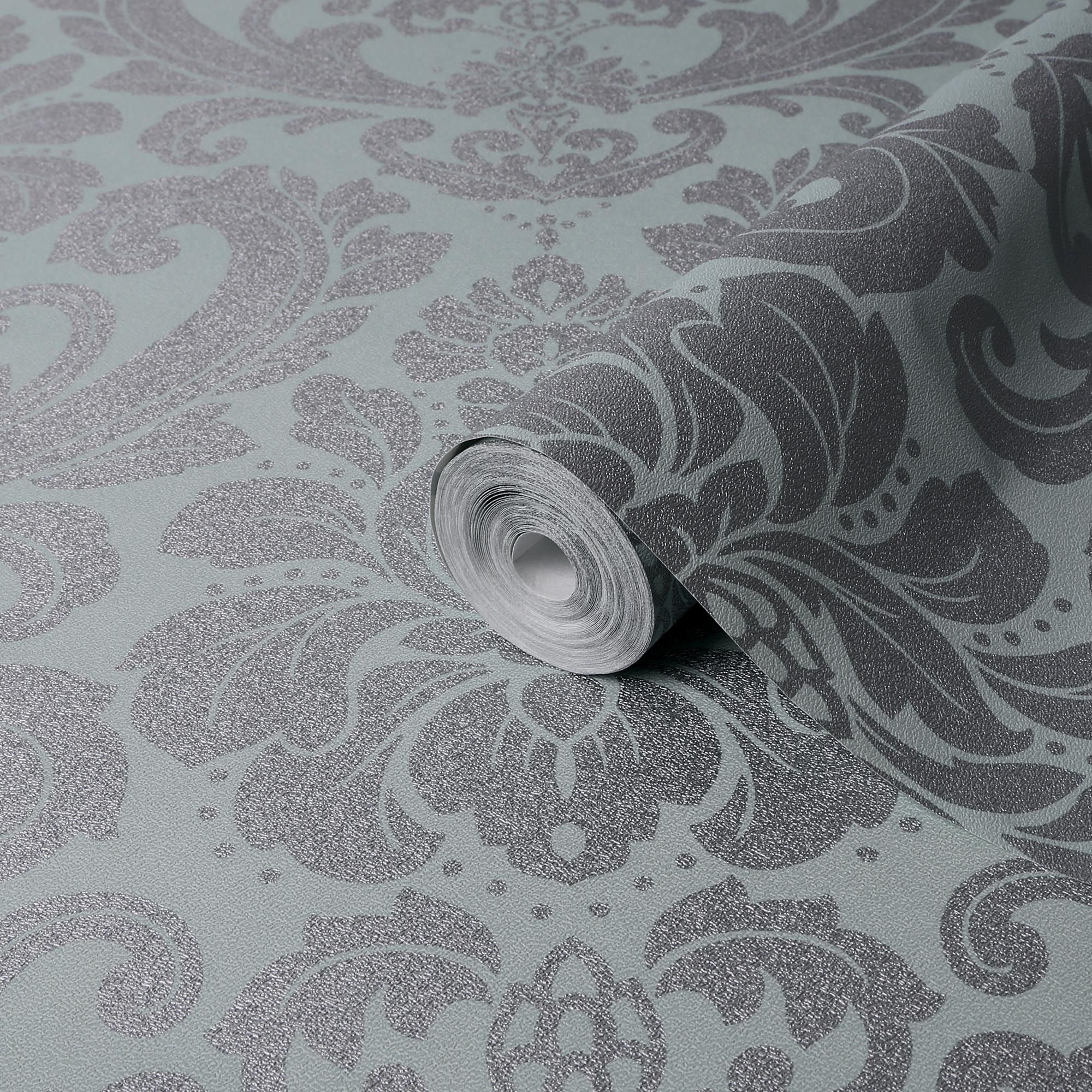 Boutique Adelina Duck egg Metallic effect Damask Embossed Wallpaper Sample