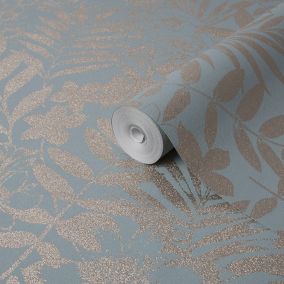 Boutique Alice Duck egg Leaf Metallic effect Embossed Wallpaper Sample