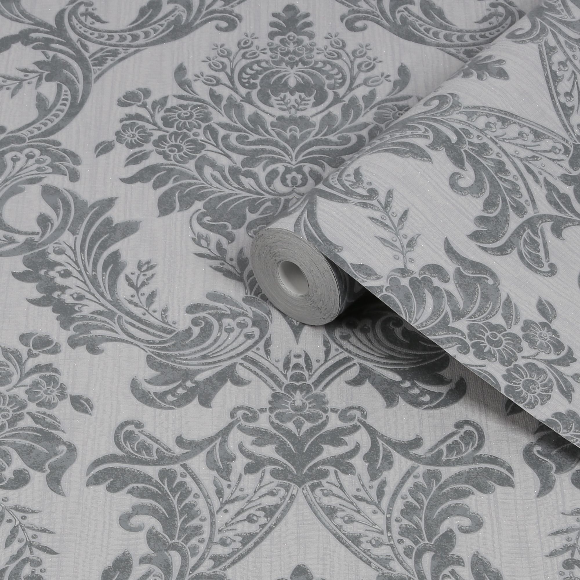 Boutique Baroque Grey Damask Glitter effect Textured Wallpaper Sample
