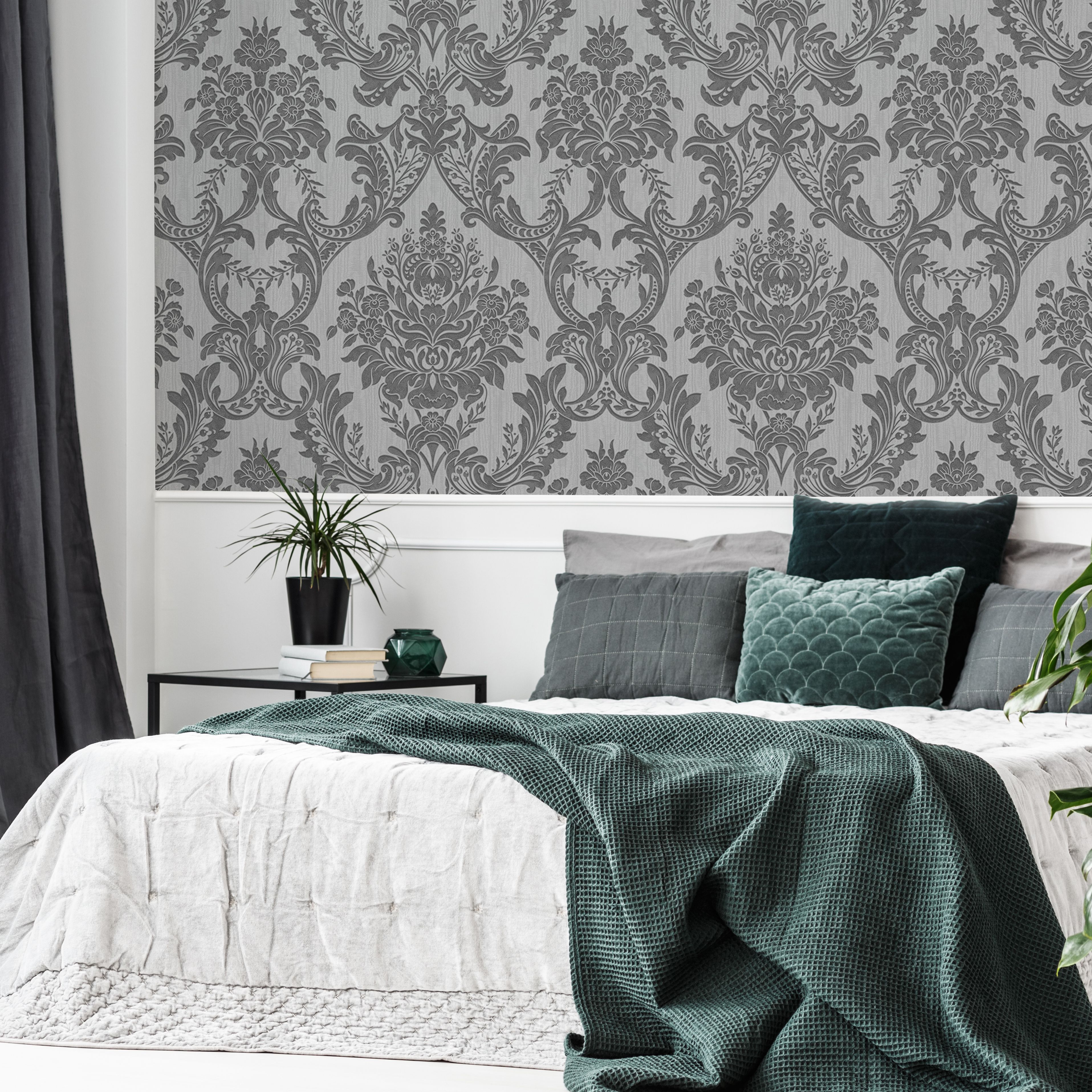 Boutique Baroque Grey Damask Glitter effect Textured Wallpaper Sample