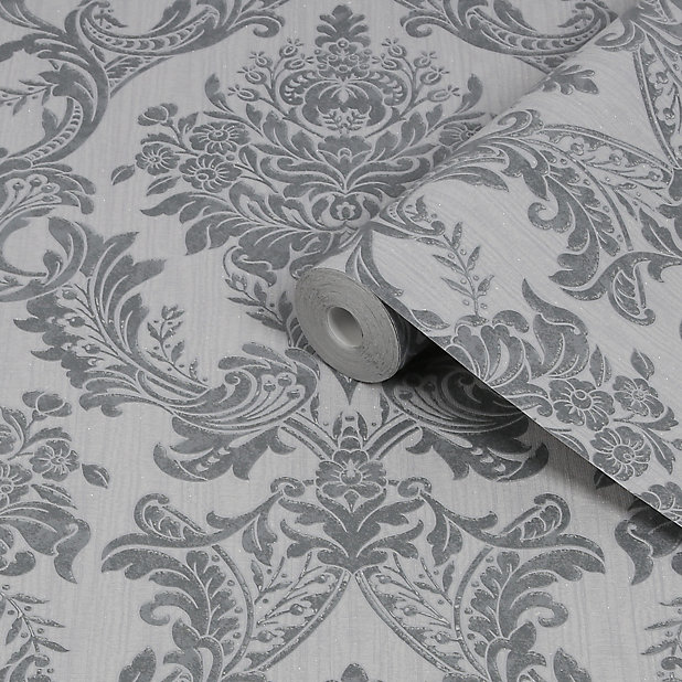 Boutique Baroque Grey Damask Glitter effect Textured Wallpaper | DIY at B&Q