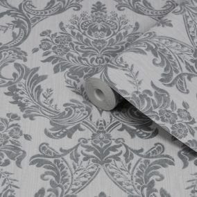 Boutique Baroque Grey Glitter effect Damask Textured Wallpaper Sample