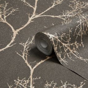 Boutique Brown Gold effect Icy trees Textured Wallpaper