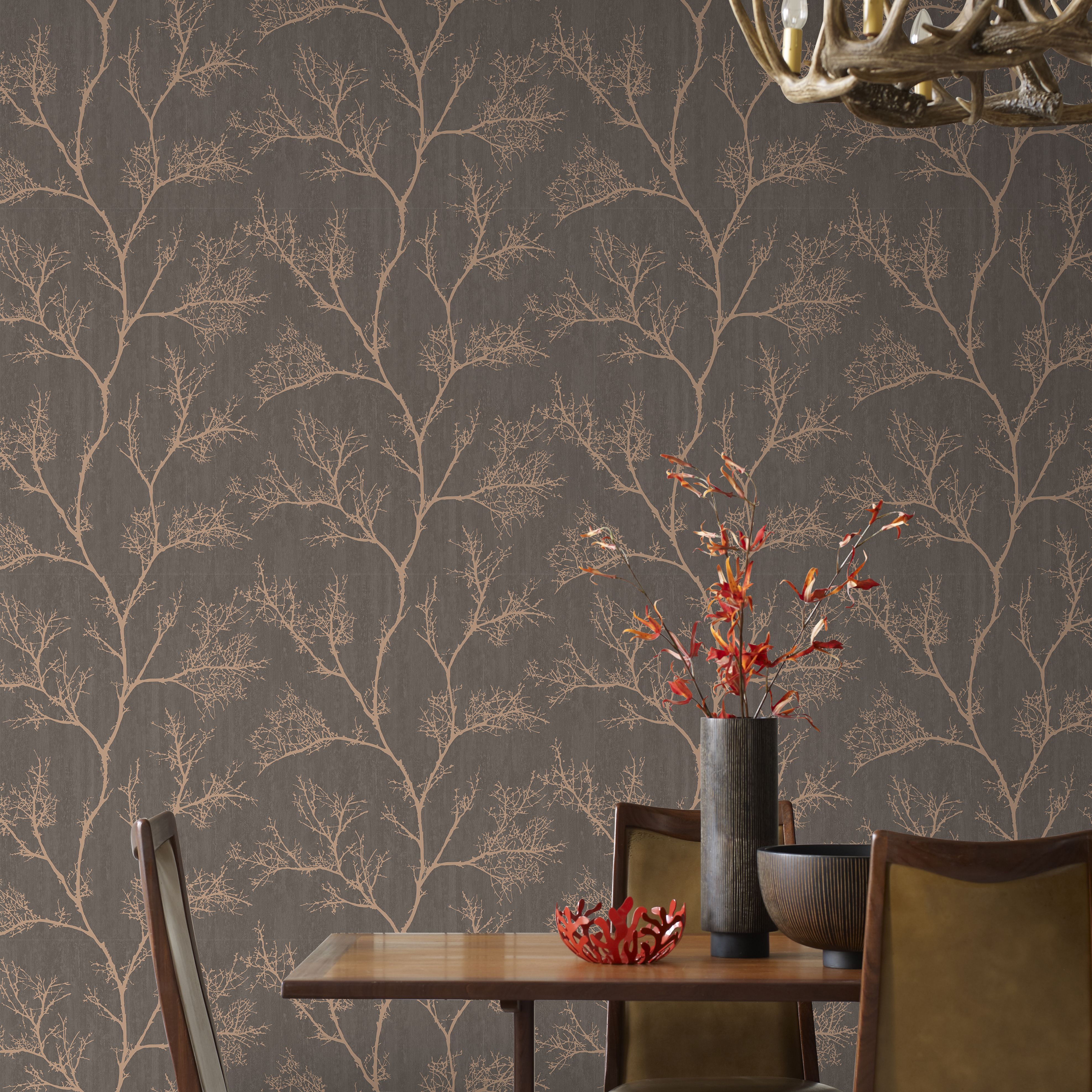 Boutique Brown Icy trees Gold effect Textured Wallpaper Sample