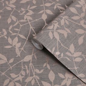 Boutique Brown Metallic effect Leaves Textured Wallpaper Sample