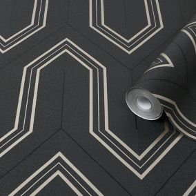 Boutique Chatwal Charcoal Geometric Metallic effect Textured Wallpaper