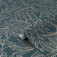 Boutique Green Leaf Metallic effect Textured Wallpaper