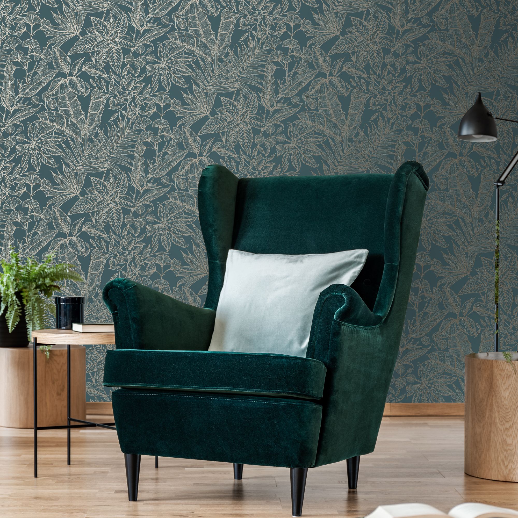 Boutique Green Leaf Metallic effect Textured Wallpaper