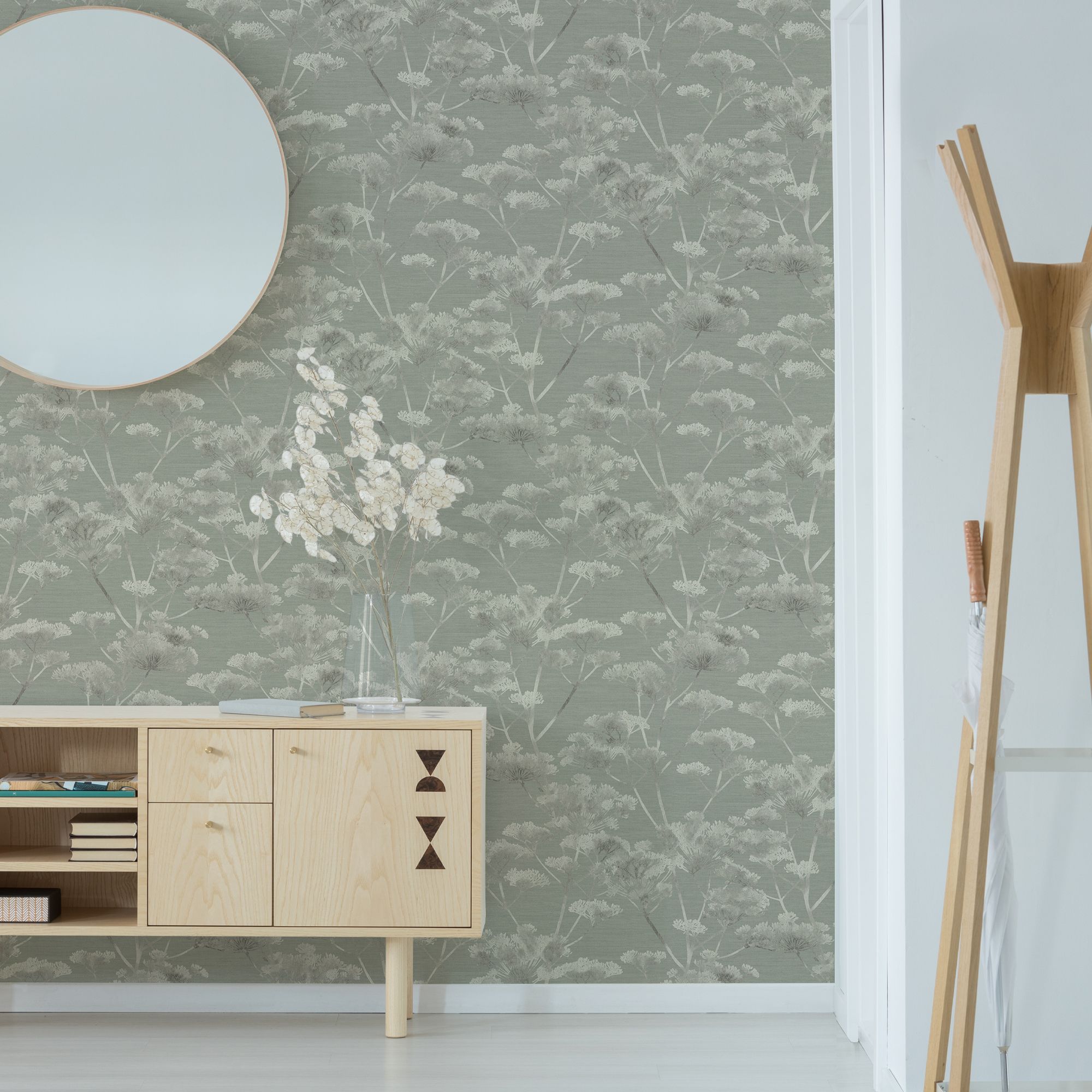 Boutique Green Leaves Metallic effect Textured Wallpaper