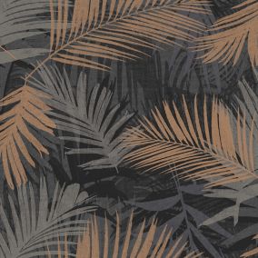 Boutique Jungle glam Black Leaves Metallic effect Smooth Wallpaper