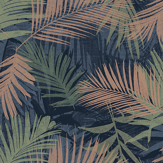 Boutique Jungle glam Blue, copper & green Leaves Smooth Wallpaper | DIY at  B&Q