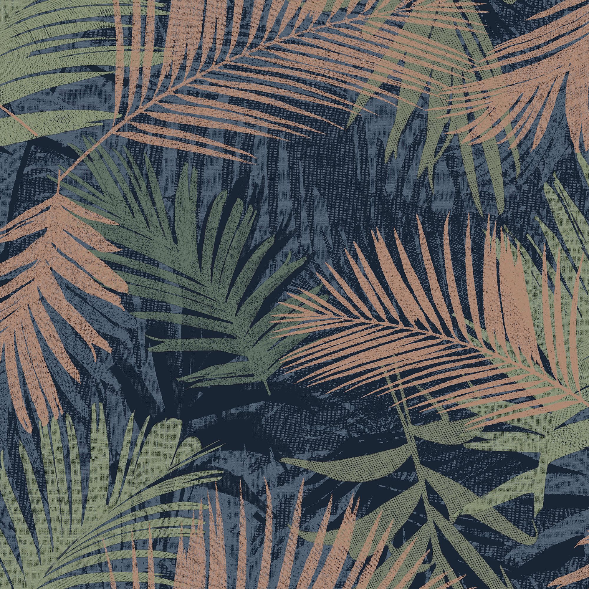 Boutique Jungle glam Blue, copper & green Leaves Smooth Wallpaper