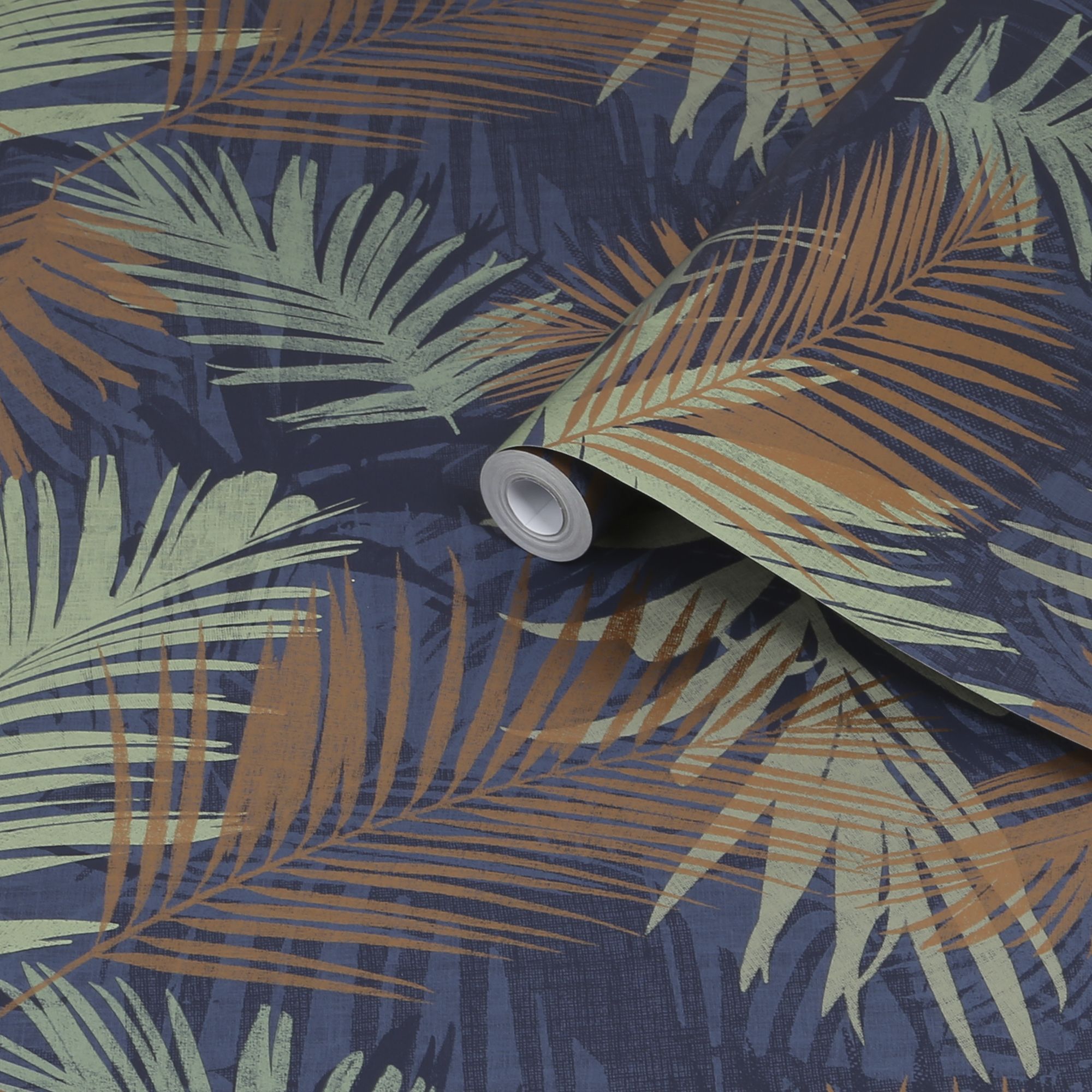 Boutique Jungle glam Blue, copper & green Leaves Smooth Wallpaper DIY