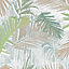 Boutique Jungle glam Green & white Metallic effect Leaves Smooth Wallpaper